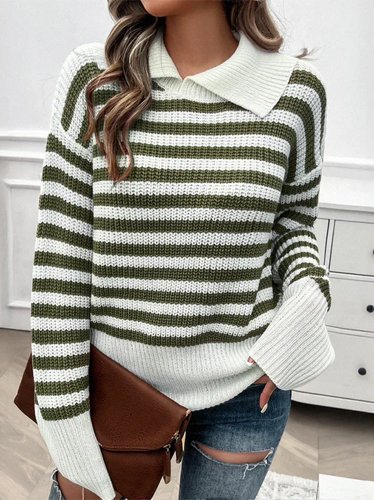 Women's Striped Long Sleeve Sweater - Casual Loose Lapel Knit Top - Shello's Creative Boutique