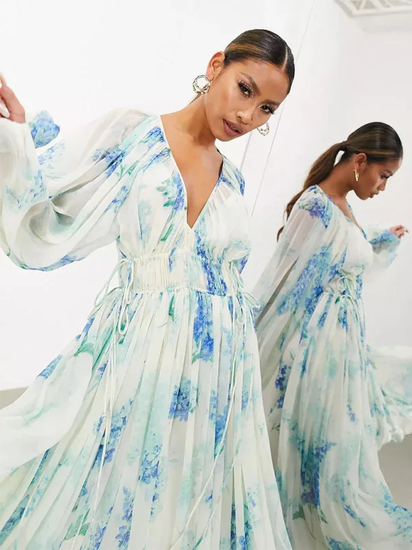 Women's Chiffon Dress with V-neck See-through Pleated Waist and Drawstring Long Sleeves - Shello's Creative Boutique
