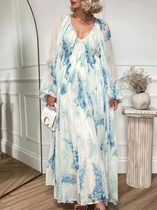 Women's Chiffon Dress with V-neck See-through Pleated Waist and Drawstring Long Sleeves - Shello's Creative Boutique