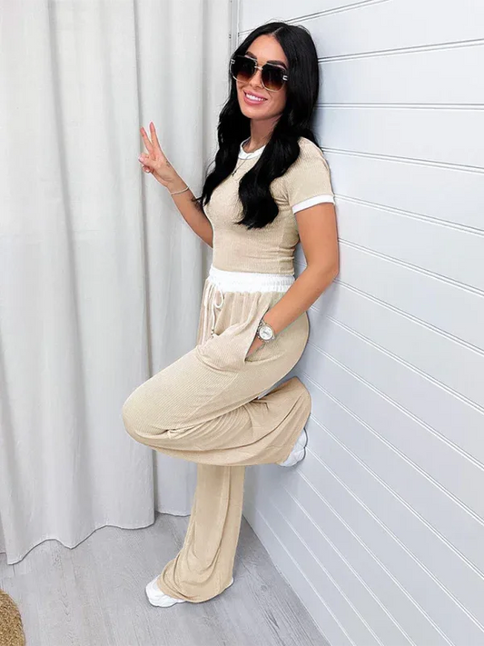 Women Casual Sports Suit - Stylish Round Neck Short Sleeve Top and Wide Leg Pants Set - Shello's Creative Boutique