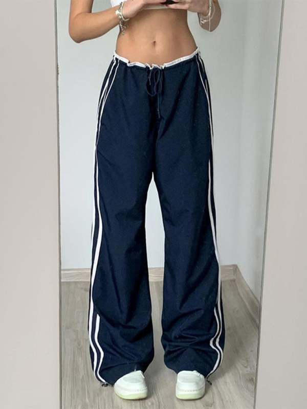 Street sports webbing contrast color casual pants elastic waist tie loose wide leg pants Shello's Creative Boutique