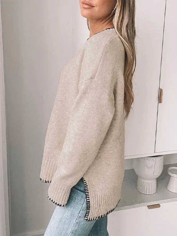 Round Neck Long Sleeve Sweater - Solid Colour Casual Split Pullover - Shello's Creative Boutique