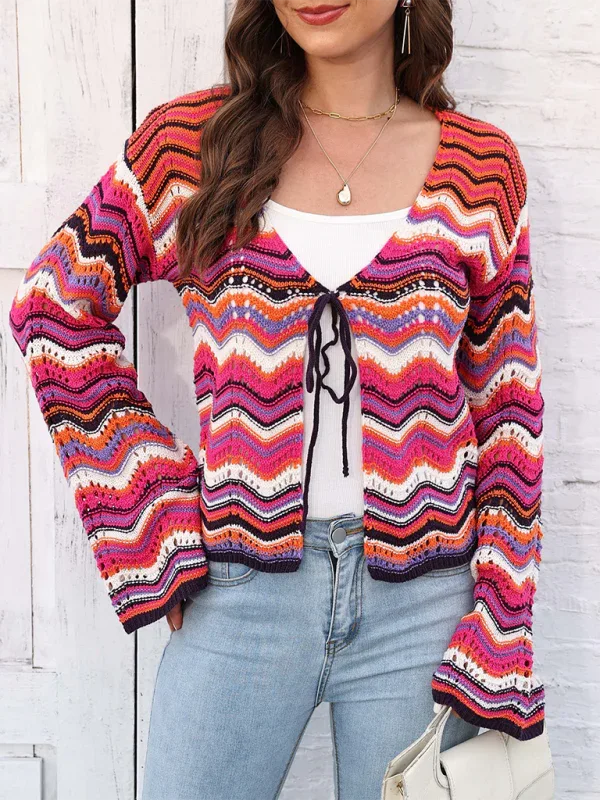 Rainbow Wave Woven Cardigan Sweater with Monochrome Stripes - Shello's Creative Boutique