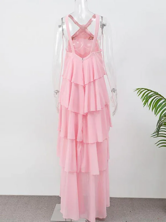 Sweet Pink Halter Neck Dress – Elegant Backless Layered Cake Design for Every Occasion - Shello's Creative Boutique