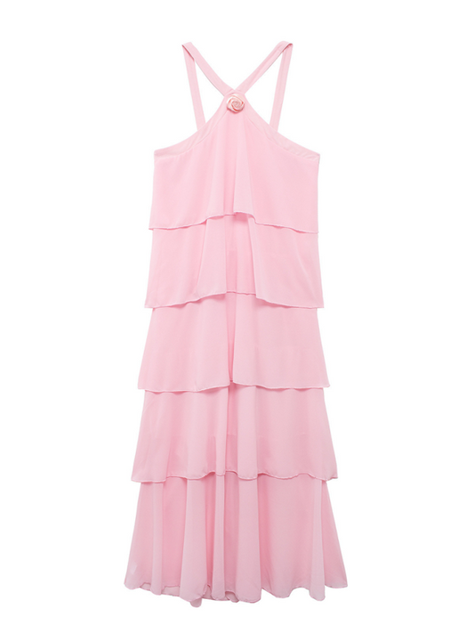 Sweet pink halter neck backless layered cake slim elegant dress Shello's Creative Boutique