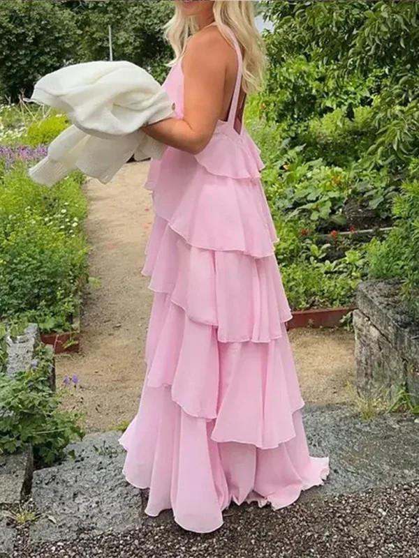 Sweet Pink Halter Neck Dress – Elegant Backless Layered Cake Design for Every Occasion - Shello's Creative Boutique