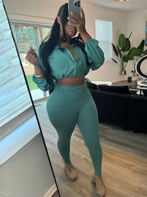 New Sexy Drawstring Waist Belly Top High Waist Tight Pants Suit