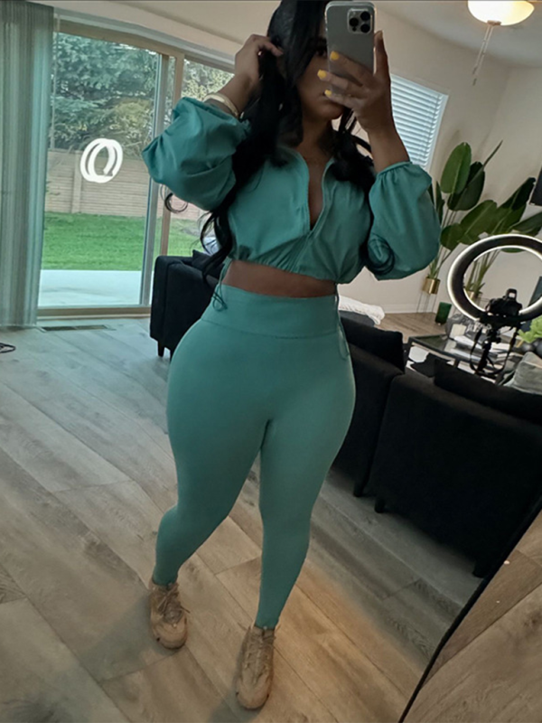 New Sexy Drawstring Waist Belly Top High Waist Tight Pants Suit