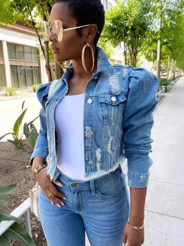 Women's Denim Puff Sleeve Jacket – Elevate Your Style with Effortless Sophistication! - Shello's Creative Boutique