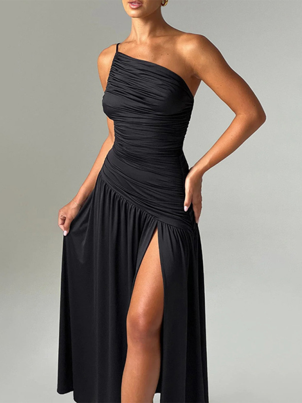 Strapless Off-Shoulder Gathered Slit A-Line Dress – A Stunning Statement for Special Occasions