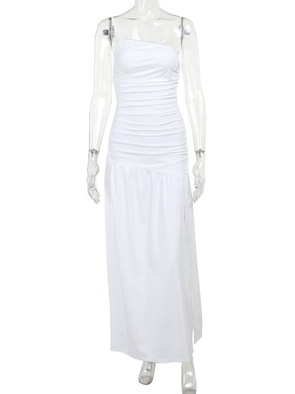 Strapless off-shoulder gathered slit A-line dress Shello's Creative Boutique