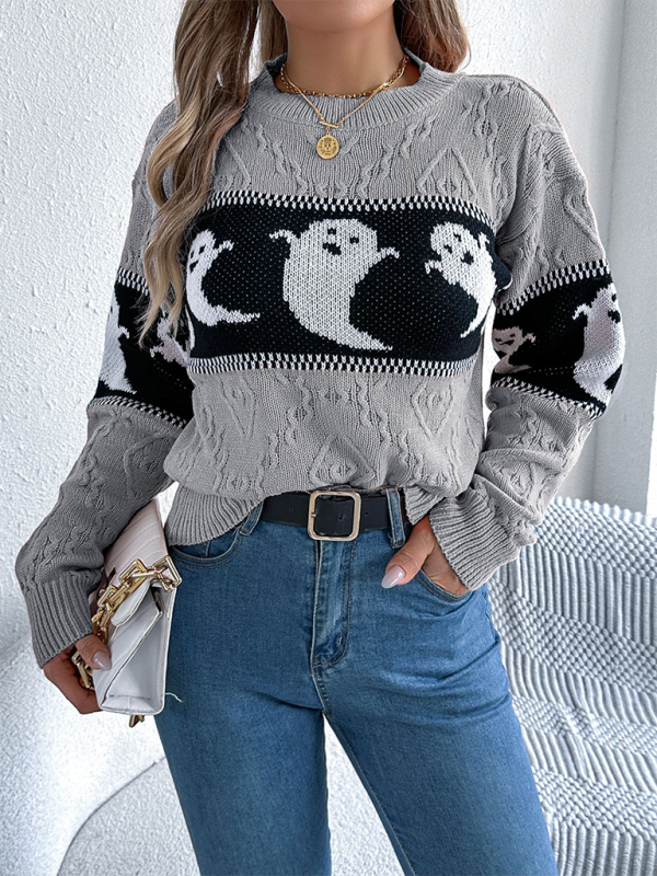 Halloween Themed Spooky Clashing Color Knit Long Sleeve Pullover Sweater—Festive and Stylish