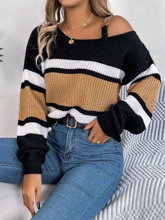 Casual Off Shoulder Sweater with Clashing Stripes and Lantern Sleeves - Shello's Creative Boutique