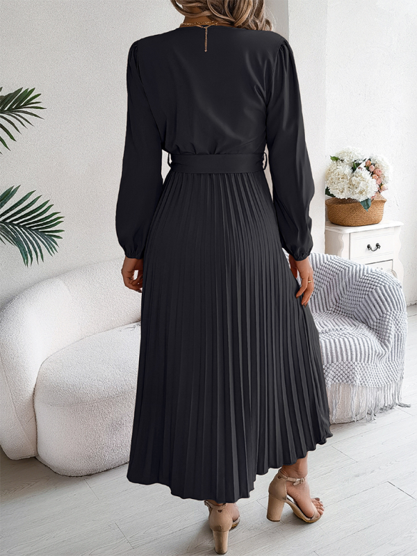 Elegant V-neck Button Tie Hem Pleated Long Dress—Timeless Style