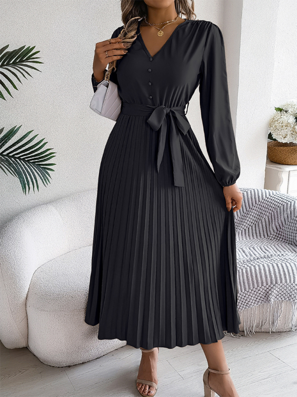 Elegant V-neck Button Tie Hem Pleated Long Dress—Timeless Style