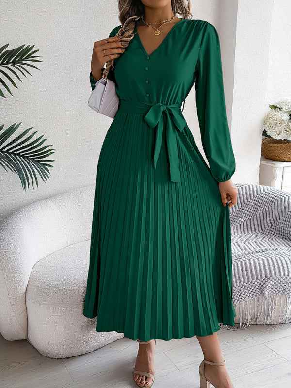 Elegant V-neck Button Tie Hem Pleated Long Dress—Timeless Style