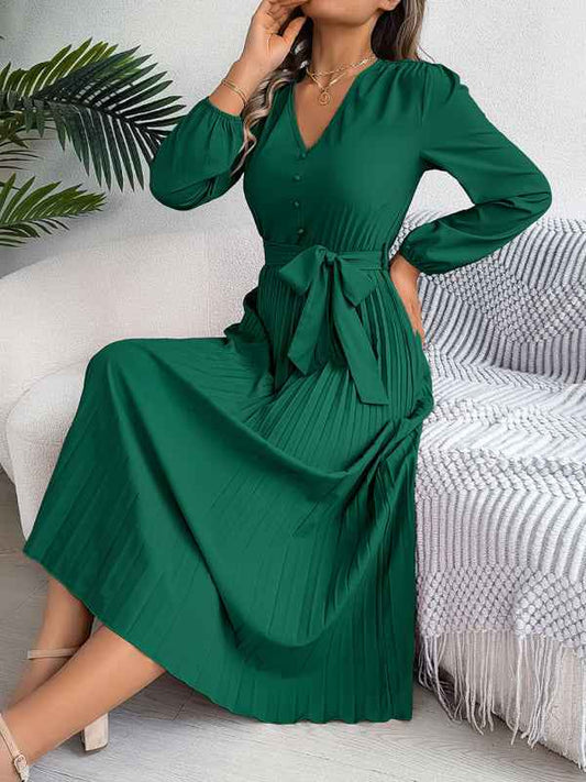 Elegant V-neck Button Tie Hem Pleated Long Dress—Timeless Style