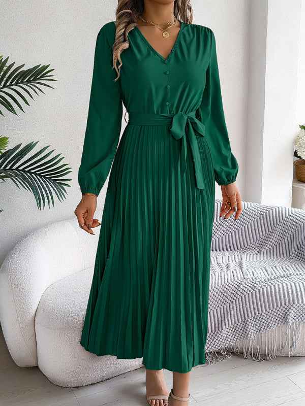 Elegant V-neck Button Tie Hem Pleated Long Dress—Timeless Style
