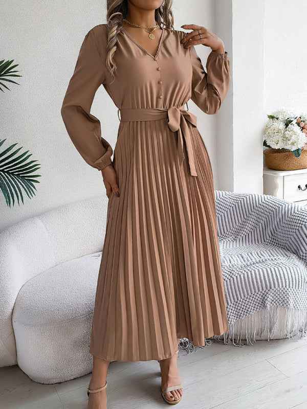 Elegant V-neck Button Tie Hem Pleated Long Dress—Timeless Style
