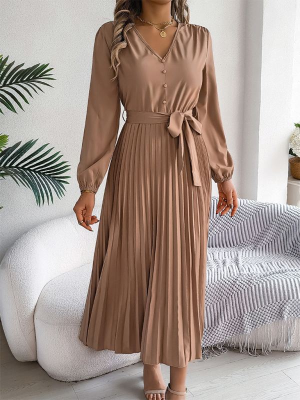 Elegant V-neck Button Tie Hem Pleated Long Dress—Timeless Style