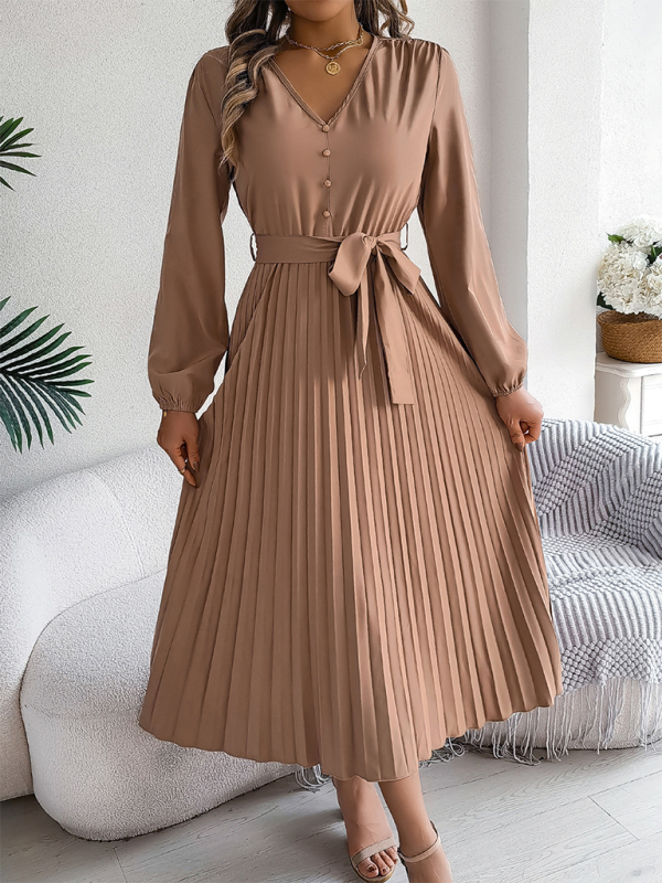 Elegant V-neck Button Tie Hem Pleated Long Dress—Timeless Style