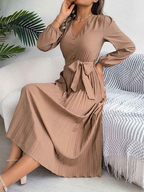 Elegant V-neck Button Tie Hem Pleated Long Dress—Timeless Style