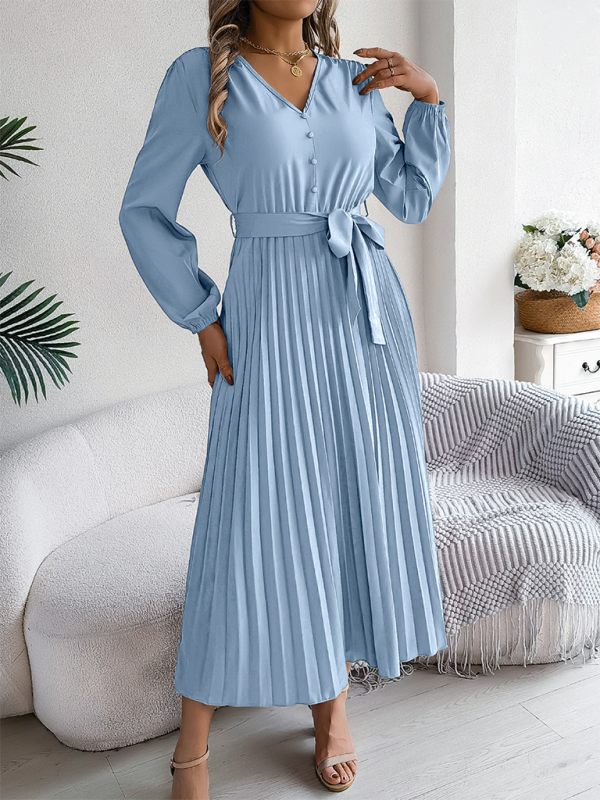 Elegant V-neck Button Tie Hem Pleated Long Dress—Timeless Style