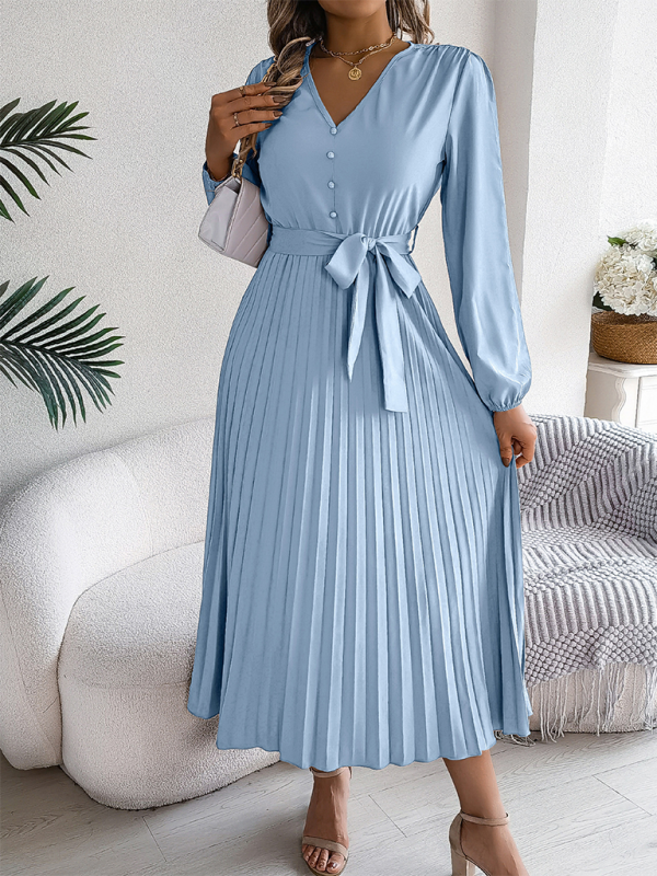 Elegant V-neck Button Tie Hem Pleated Long Dress—Timeless Style