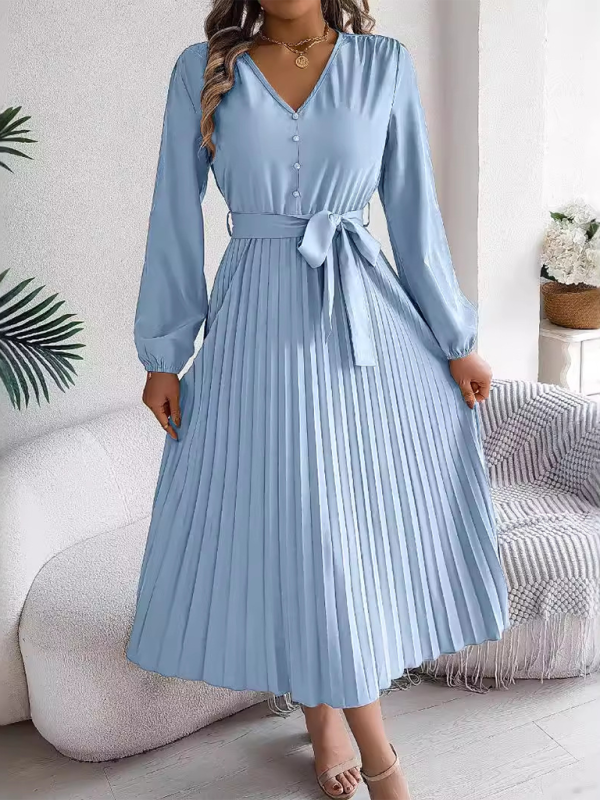 Elegant V-neck Button Tie Hem Pleated Long Dress—Timeless Style