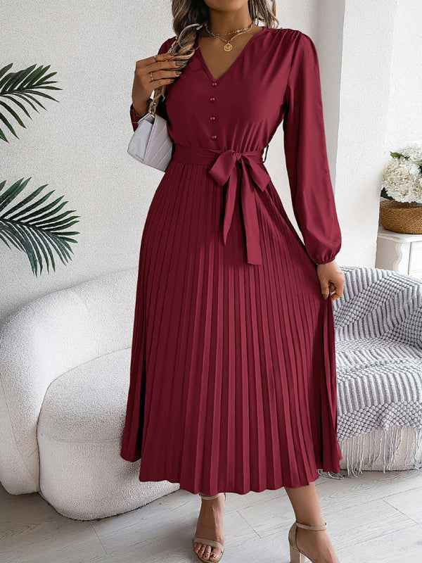 Elegant V-neck Button Tie Hem Pleated Long Dress—Timeless Style
