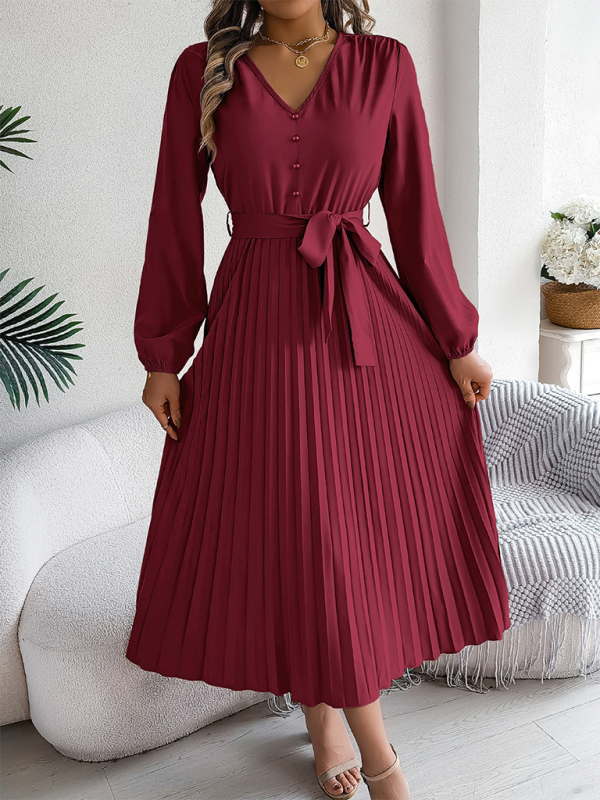 Elegant V-neck Button Tie Hem Pleated Long Dress—Timeless Style