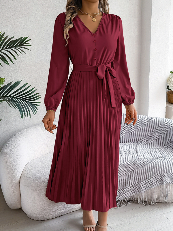 Elegant V-neck Button Tie Hem Pleated Long Dress—Timeless Style