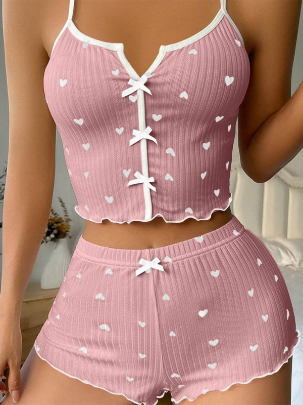 Heart Printed Colour Clashing Homewear Front Split Sling Sexy Pyjama Set