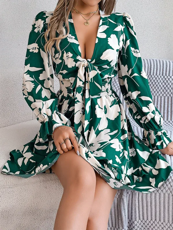 Casual Floral A-Line Dress with Lace-Up Long Sleeves and Wooden Ear Trim - Shello's Creative Boutique