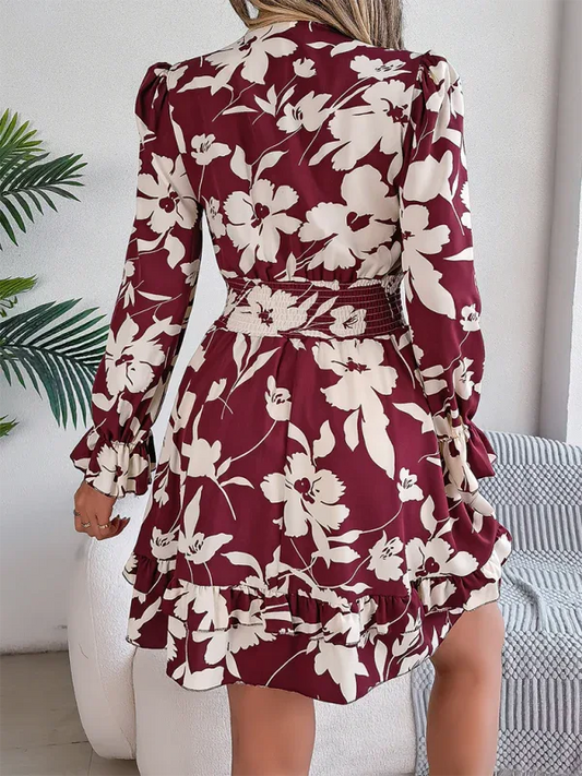 Casual Floral A-Line Dress with Lace-Up Long Sleeves and Wooden Ear Trim - Shello's Creative Boutique