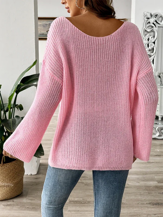 Bow Embroidery Pullover Sweater with One Neck Strapless Flare Sleeves - Shello's Creative Boutique