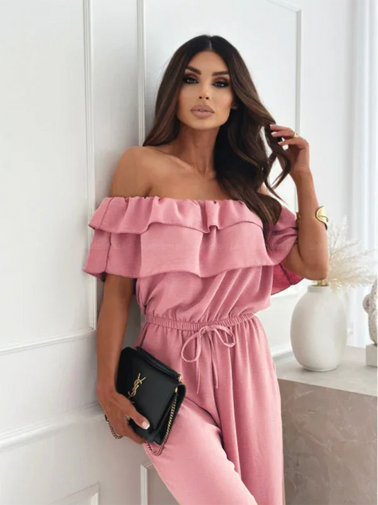 One-Shoulder Jumpsuit - Casual Solid Color Waisted Design - Shello's Creative Boutique