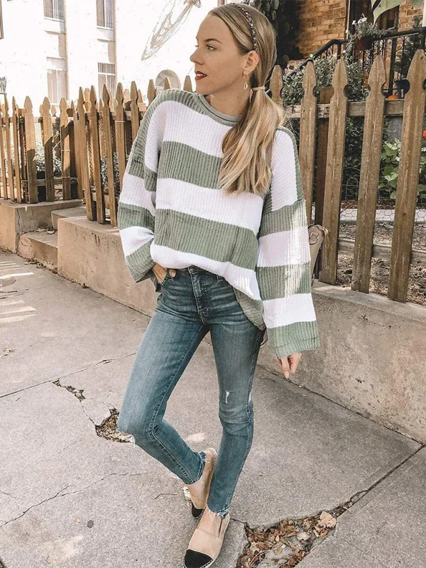 Round Neck Long Sleeve Colour-blocked Striped Knit Sweater with Flare Sleeves - Shello's Creative Boutique