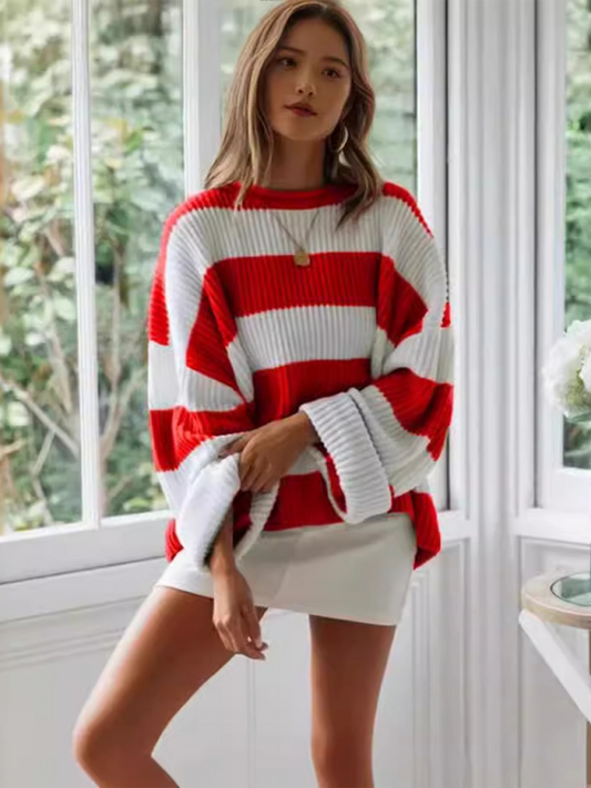 Round Neck Long Sleeve Colorblocked Striped Knit Sweater with Flare Sleeves