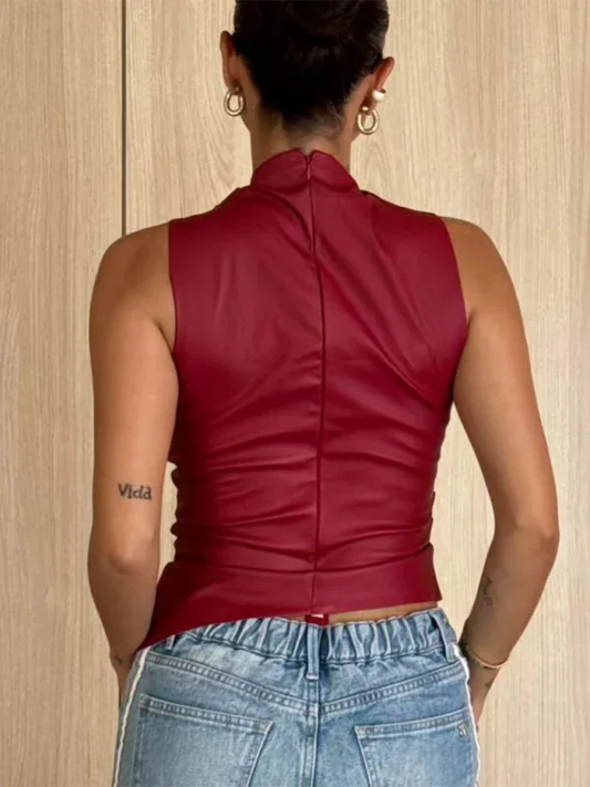 New Leather Personalized Sleeveless Top with Stacked Neck and Slant Hem - Shello's Creative Boutique