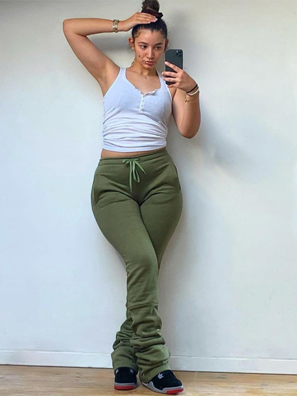 Women's Solid Color High Waisted Shrink Pleat Drawstring Casual Stacked Pants—Stylish and Comfortable