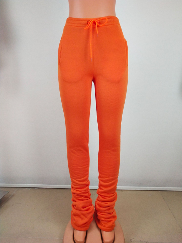 Women's Solid Color High Waisted Shrink Pleat Drawstring Casual Stacked Pants—Stylish and Comfortable