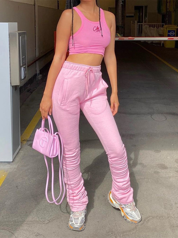 Women's Solid Color High Waisted Shrink Pleat Drawstring Casual Stacked Pants—Stylish and Comfortable
