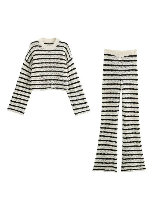 Striped Knit Pants Set with Long Sleeve Top and Flared Bottoms - Shello's Creative Boutique