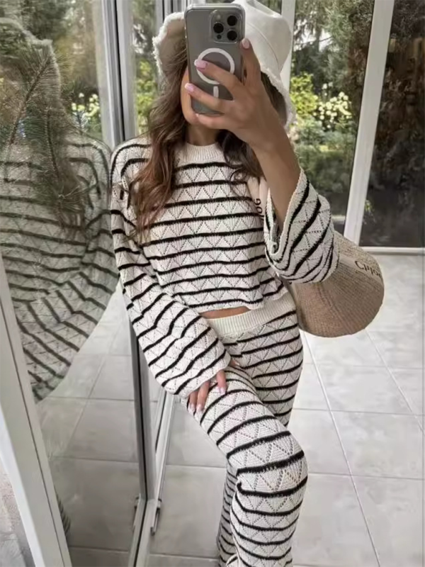 Striped Knit Long Sleeve Flared Pants Set