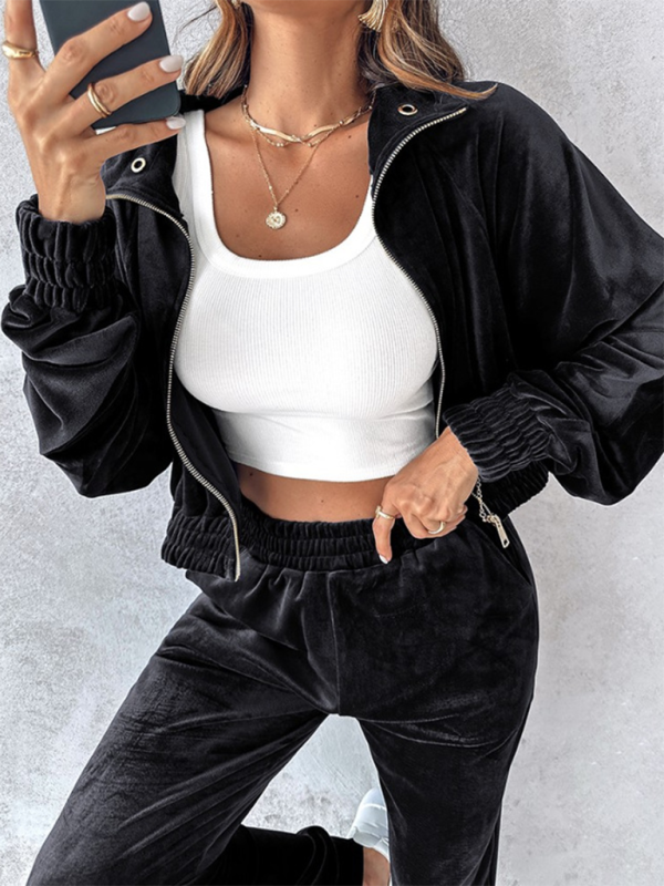 New solid color leisure sports gold velvet long-sleeved pants suit-Shello's Creative Boutique