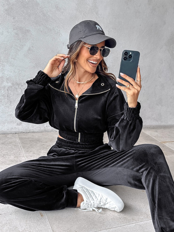 New solid color leisure sports gold velvet long-sleeved pants suit-Shello's Creative Boutique