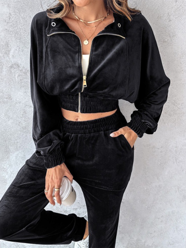 New solid color leisure sports gold velvet long-sleeved pants suit-Shello's Creative Boutique
