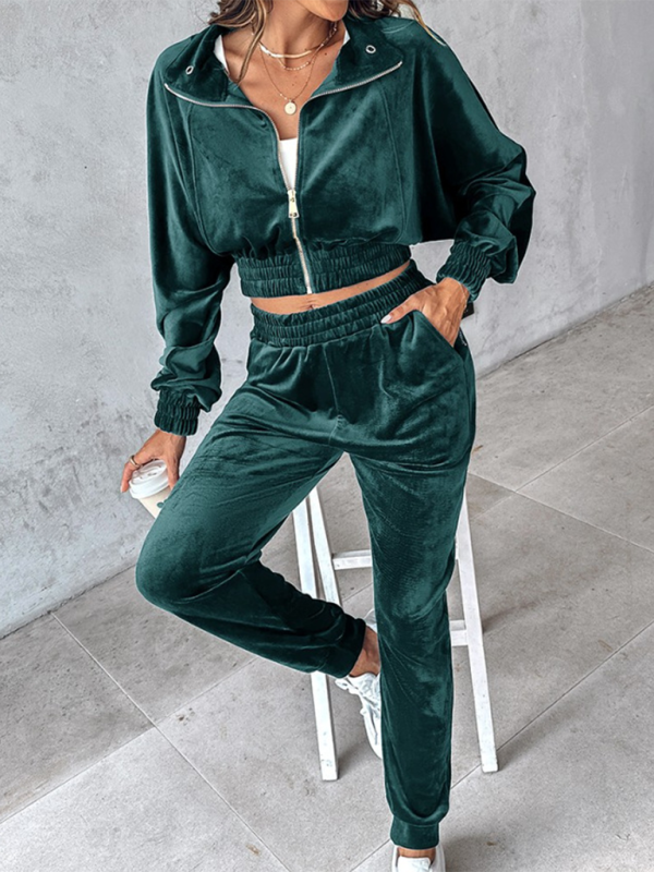 New solid color leisure sports gold velvet long-sleeved pants suit-Shello's Creative Boutique
