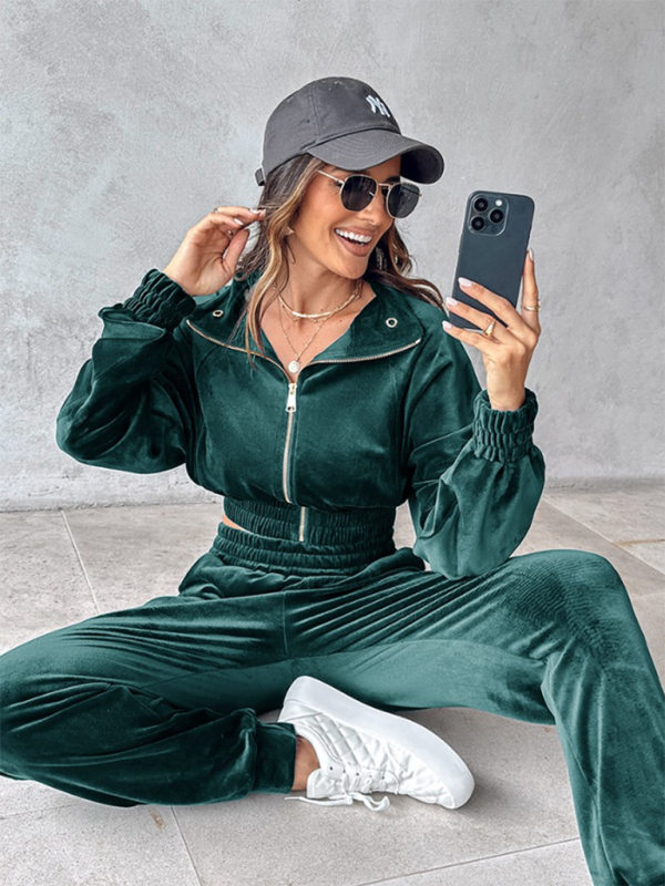 New solid color leisure sports gold velvet long-sleeved pants suit-Shello's Creative Boutique